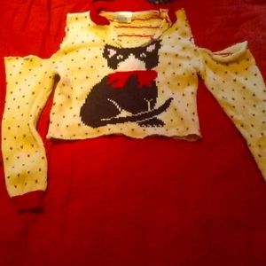Vintage Compositions Cat Distressed Long sleeve Crop Knit Sweater Size P
